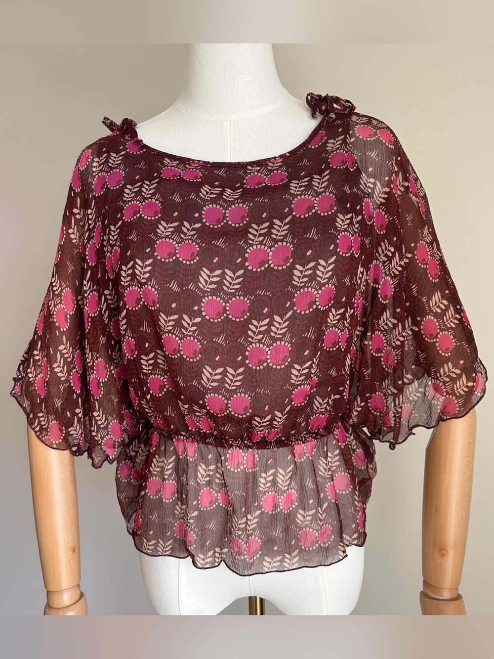 Anna Sui Silk Sheer Floral Crop Top Blouse Size P /XS Y2K Boho Whimsigoth Fairy